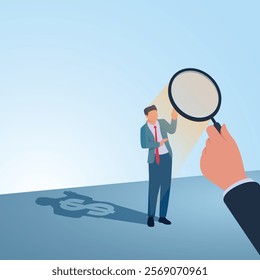 A man is shone through a magnifying glass and there is a shadow of money behind him. Illustration for corruption investigation, bribery investigation and looking for traces of misappropriation of fund