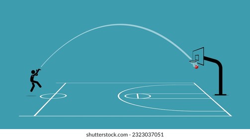 Hombre disparando un baloncesto desde la media corte a un aro y un marcador. La ilustración vectorial representa el concepto de precisión, precisión, habilidad, objetivo, foco, concentrado y práctica perfecta.