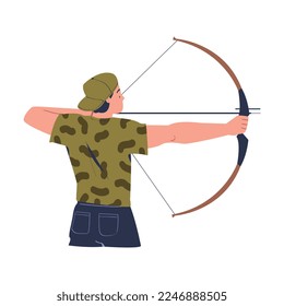 Man shooting with bow, view from behind. Male shooter training in archery cartoon vector illustration