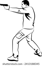 man shooting pistol - monochromatic vector illustration