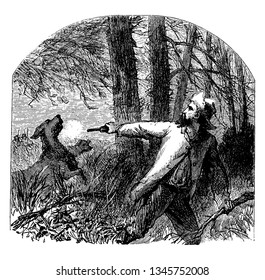 A man shooting wild dog and trees in background, vintage line drawing or engraving illustration