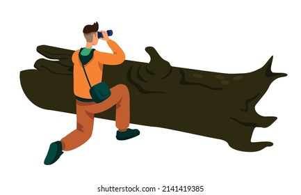 Hombre disparando fotos de la vida silvestre con carácter vector de color semiplano. Figura ocultante. Persona de cuerpo entero sobre blanco. Fotógrafo de naturaleza ilustración simple de estilo de caricatura para diseño gráfico web y animación