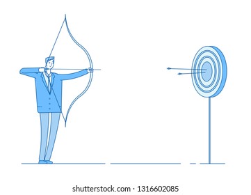 Man shoots bow. Arrow targeting in target, businessman precision shooting. Aim reaching business benefit accomplishment vector concept