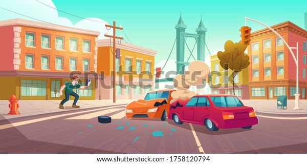 Man shoots car crash on\
smartphone. Auto accident on crossroad on city street. Vector\
cartoon cityscape with buildings, road, broken cars, smoke and\
shocked witness
