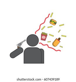  man shoots himself in the head with fast food products,Unhealthy food is bad for health,character commits suicide,Hamburger, french fries and hot dog fly out of the head