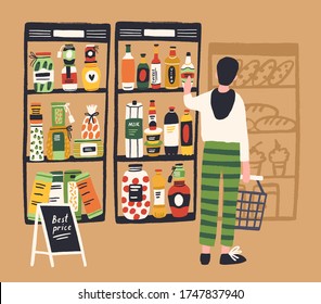 Man shopper with basket choosing product at grocery store vector flat illustration. Male enjoying shopping at supermarket taking bottle from best price shelf. Guy buyer purchasing food at retail shop