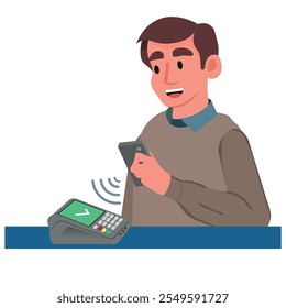 Homem comprador segurando smartphones fazendo pagamento sem contato. Cliente que paga com o telefone celular NFC no terminal POS do caixa. Ilustração vetorial.