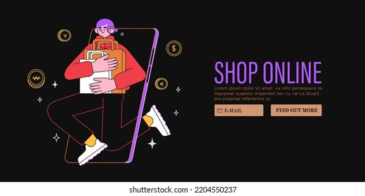 Man with shopping bag buy presents, gifts online in store or shop through mobile application on smartphone. Concept of sale, discount for web banner, ads or socila media and emails. Black friday.