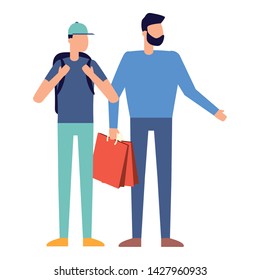 man with shopping bag and guy and backpack vector illustration