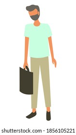 Man with shopping bag isolated person at marketplace. Vector bearded guy with package for parcels, cartoon style person in shirt and trousers with pack