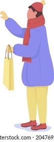 Hombre con caracter vector de color semiplano de bolsa de compra. Cifras. Persona de cuerpo entero sobre blanco. Venta de invierno aislado de dibujos animados modernos ilustración de diseño gráfico y animación