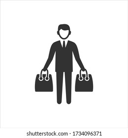 Hombre con icono vectorial de bolsa de compras en fondo blanco