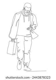 Man with shopping bag walking and using phone on the go. Continuous line drawing. Black and white vector illustration in line art style.