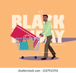 man with shopping bags and black friday label vector illustration design vector illustration design