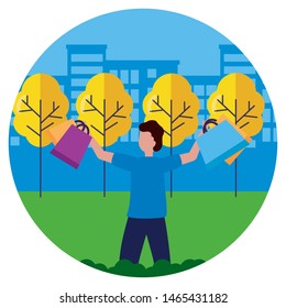 man with shopping bags in the city park vector illustration