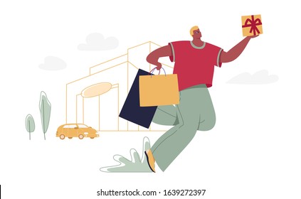 Man with shopping bags and gift box. Modern male funny character design over the mall and car linear illustration. Flat and linear image for season sales, shopping malls, markets, promotion materials.