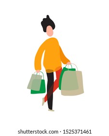 Man with shopping bags. Modern art concept with happy girl walking after shopping.