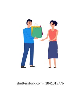 Man with shopping bags and presents. Man giving gifts to woman. Flat style people vector illustration. Male and female christmas or other holidays.