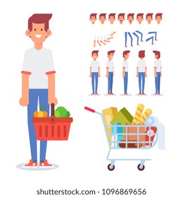 Man with shopping basket and shopping cart. Buyer in supermarket. Flat vector character set with different poses and emotions isolated on white.