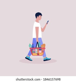 Man with shopping basket with different foods, beverages and bottles. Colorful flat vector drawing.