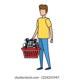man with shopping basket and products