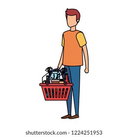 man with shopping basket and products