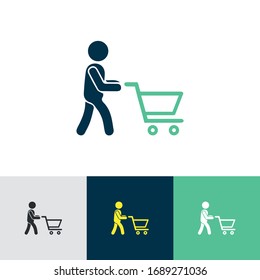 Man With Shopping Car Glyph Vector Icon - Ui Icon Vector. Pushing Shopping Cart Icon. Vector Shopping Sale Illustration. 