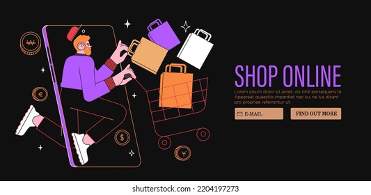 Hombre con carrito de compras compra regalos, regalos en línea en la tienda o tienda a través de aplicación móvil. Concepto de venta, descuento cupón especial para banner web, anuncios o medios sociales y correos electrónicos. Viernes negro.