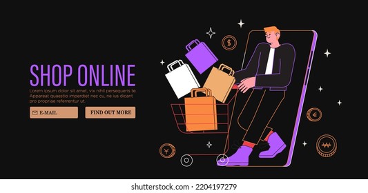 Man with shopping cart buy presents, gifts online in store or shop through mobile application. Concept of sale, discount special coupon for web banner, ads or socila media and emails. Black friday.