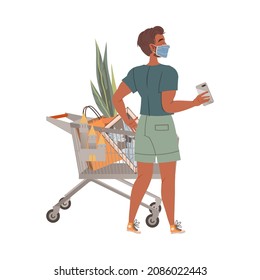 Man with shopping cart buying groceries and paying with NFC phone at cash register. Digital banking service, wireless NFC technology cartoon vector illustration