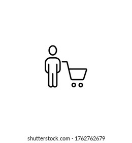 Man with shopping cart, customer simple thin line icon vector illustration