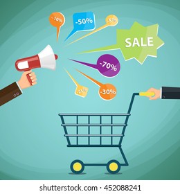 Man with a shopping cart. Discounts, promotions and advertising. Stock Vector cartoon illustration.