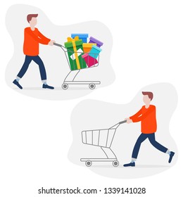 Man with shopping cart empty and full of gifts. Shopping man. Boxing day sale. Black Friday. Special Offer. Design concept for banner,  promotional materials, print.