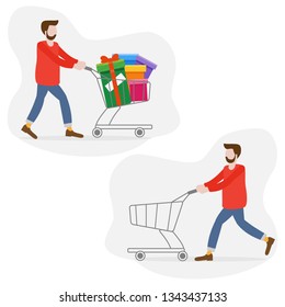 Man with shopping cart empty and full of gifts. Shopping man. Boxing day sale. Black Friday. Special Offer. Design concept for banner,  promotional materials, print.