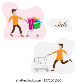 Man with shopping cart empty and full of gifts. Shopping man. Boxing day sale. Black Friday. Special Offer. Design concept for banner,  promotional materials, print.