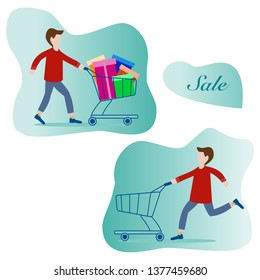 Man with shopping cart empty and full of gifts. Shopping man. Boxing day sale. Black Friday. Special Offer. Design concept for banner,  promotional materials, print.