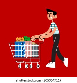 Man with shopping cart flat vector illustration