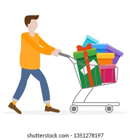 Man with shopping cart full of gifts. Shopping man. Boxing day sale. Black Friday. Special Offer. Design concept for banner,  promotional materials, print.