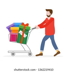 Man with shopping cart full of gifts. Shopping man. Boxing day sale. Black Friday. Special Offer. Design concept for banner,  promotional materials, print.