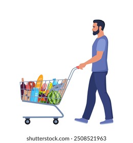 Hombre con un Carrito de compras lleno de bienes. Hombre alegre compra comida en una tienda de comestibles. Carro del supermercado. Ilustración vectorial