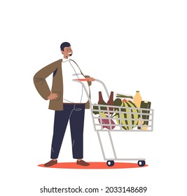 Hombre con carrito de compras lleno de productos de compras comprando comida en un supermercado. Comprador masculino. Concepto de tienda minorista o cola de supermercados. Dibujo vectorial plano de dibujos animados