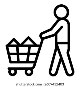Man with shopping cart line icon, consumer buyer concept. Vector graphics. Human and full trolley sign on white background, style mobile or design