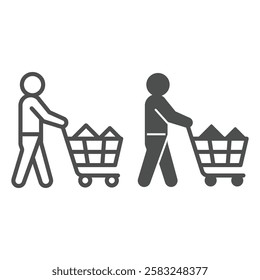 Man with shopping cart line and solid icon, consumer buyer concept. Vector graphics. Human and full trolley sign on white background, outline style icon for mobile or web design