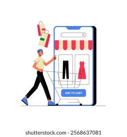 Man With Shopping Cart And Online Store Screen In Flat Vector Illustration Symbolizing Online Shopping, E Commerce, And Retail, Isolated On White Background