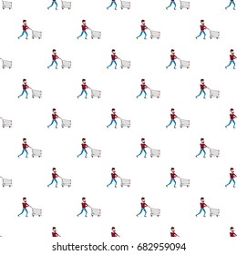 Man with shopping cart pattern seamless repeat in cartoon style vector illustration