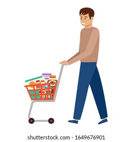 Man and shopping cart with products. Health food. Supermarket trolley. Vector illustration