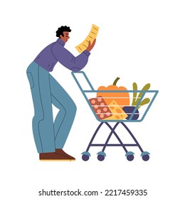 Man with shopping cart reading the shopping list or checking receipt in supermarket. Male character buys food in grocery store. Side view. Minimalistic flat hand-drawn illustration