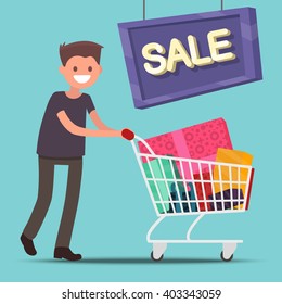 Man with a shopping cart. Sale. Vector illustration