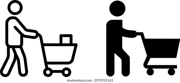 "Man with Shopping Cart Vector Icon Set: Modern and Convenient Designs for Retail and E-commerce Projects"
