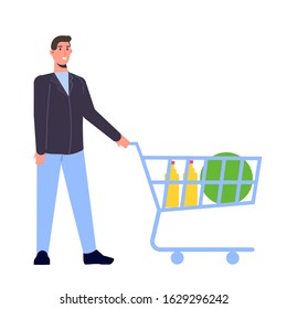 Man with shopping cart. Vector illustration flat design style.